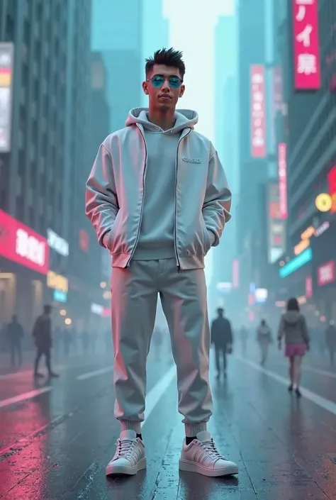 Create 3D images of a 20-year-old wearing white clothes and sunglasses -5 cyberpunk images 