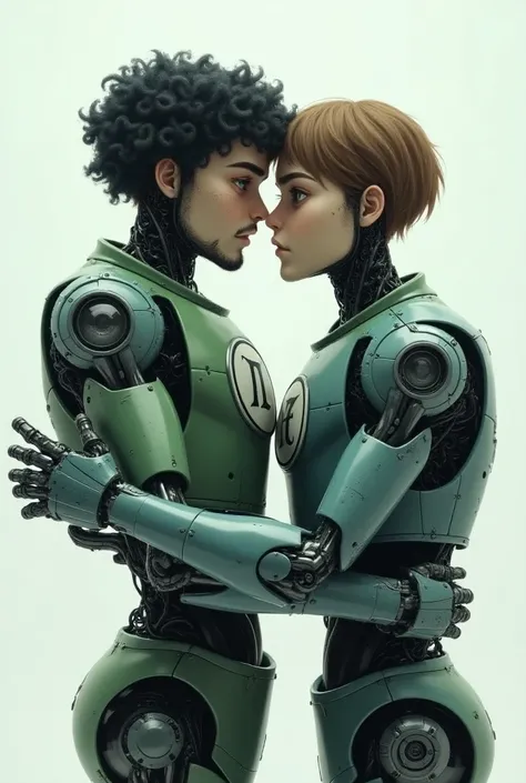 Two masculine humanoid robots hugging crying in an empty white room; the first robot has a male metallic body in shades of green, gray and white, with a circle in the middle of the chest where "Pi" is written in white letters, and a male human face with cu...