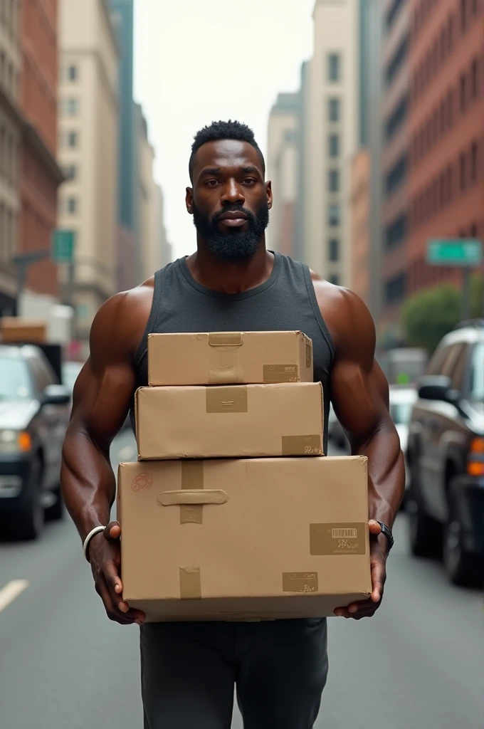 Image of an ultra realistic black man carrying delivery boxes 