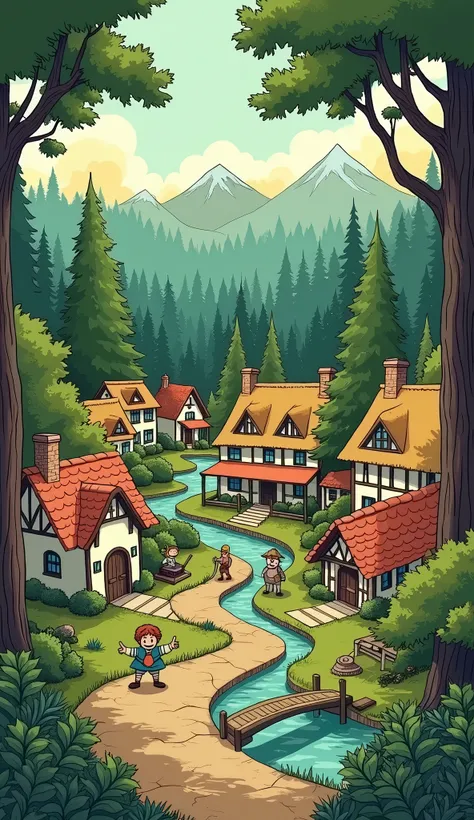 An old comic styles image of a quint village surrounded by woods