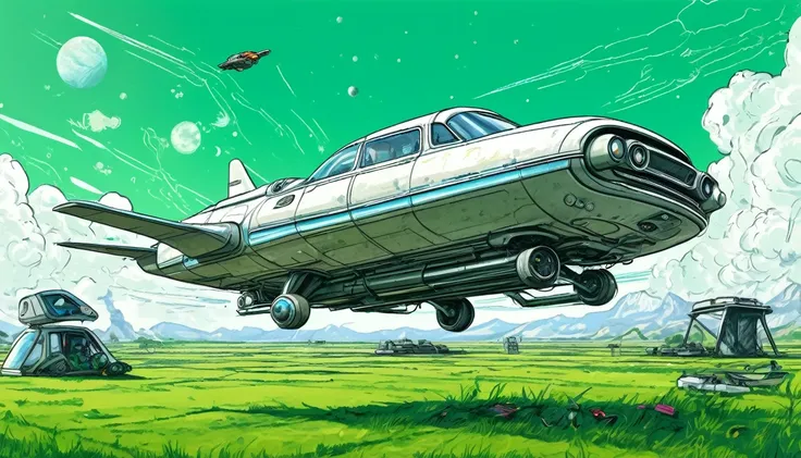 atompunk, flying car workshop on Ganymede, an old man in overalls repairs a flying high-tech car, noon, Jupiter in the sky, green grass breaks out from under the concrete slabs of the workshop, hand-drawn art illustration