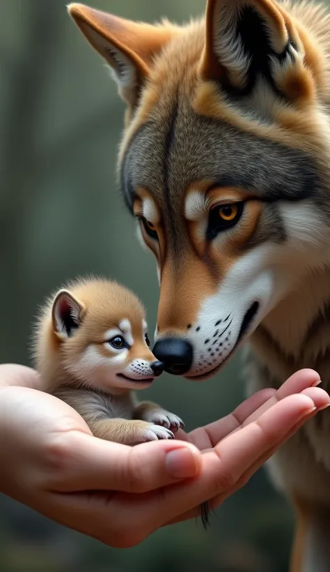 Mother Wolf and Pup Interaction on Hand
"A super realistic image of a small wolf pup cradled in a human hand, with its mother wolf beside the hand, nuzzling the pup’s nose. The intimate connection is lifelike, with each detail of fur and expression vibrant...