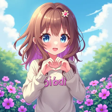 15 year old anime girl ,  cartoons of brown and light brown hair locks see turquoise and violet colors with eyes of the same colors one has a heart and the other stars and makes a heart with his hands, And clothing with a sweater that says Sibdie and that ...