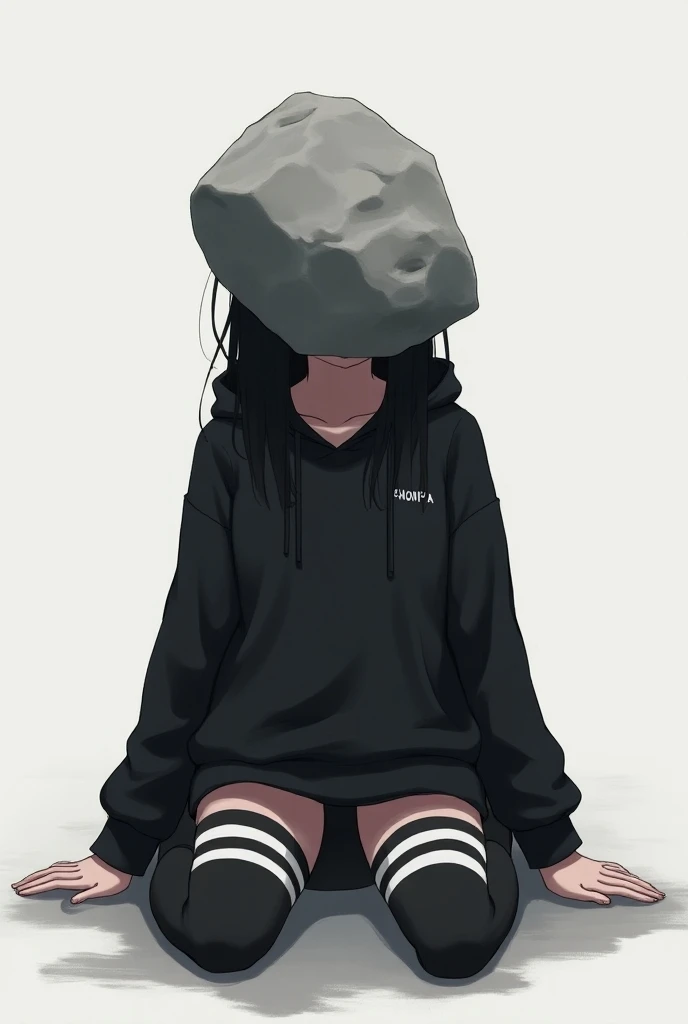 girl, anime,  stockings that reach the thigh  ( color black schoolren with several white strips), (chompa color negro),  a big rock replaces his head ,  sitting on knees , with arms outstretched,  outstretched hands , la roca grande remplaza por completo l...