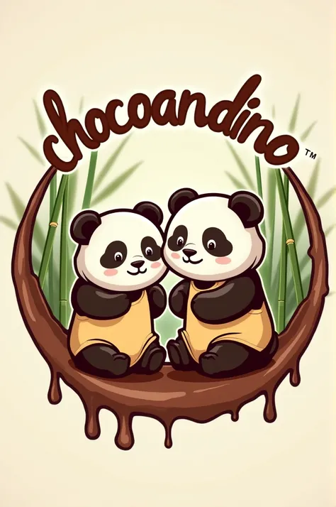  Logo that says chocoandino in letters with melted chocolate,  pandas in beige sports uniforms with coffee , Bamboo, nature in circular shape  