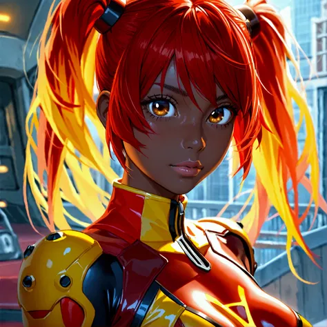 young woman, with a bob , bright red hair,  brown eye ,  sexy figure, in a red bodysuit, fights with a girl,  shorts with bright yellow long hair in two big tails, tanned skin,  with yellow big eyes ,  with a slim figure ,  in a yellow short beacon and 