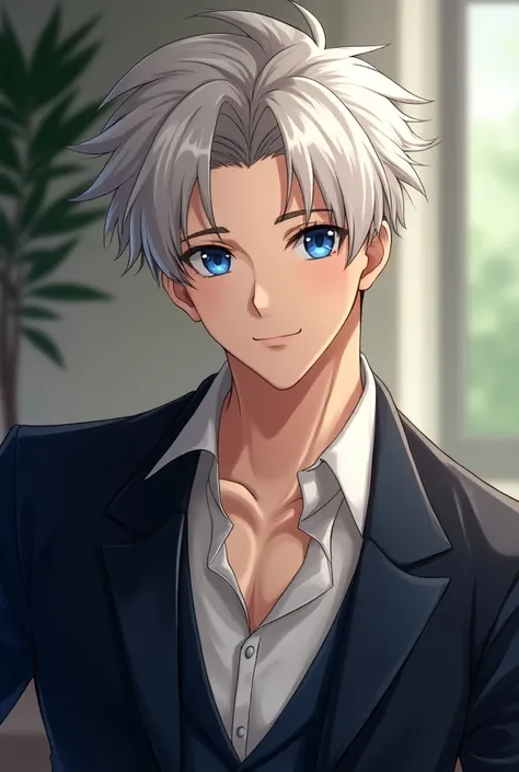   man with white hair and blue eyes,elegant clothes ,nice smile ,cool jacket , white shirt , In a photo shoot  ,Anime Art, short hair ,Sunlight