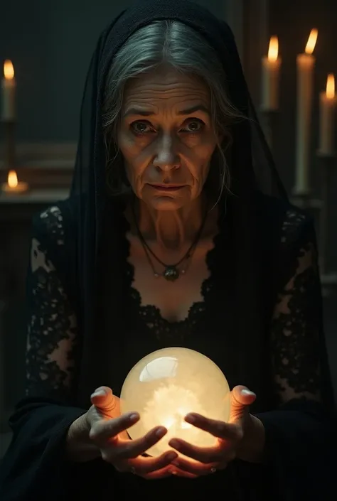 A stunning portrait of an elderly woman with white hair, dressed in a black lace blouse, holding a glowing crystal ball in her hands.she wearing Dupatta on a head,The image has a dark, mysterious atmosphere with candles burning in the background and the wo...