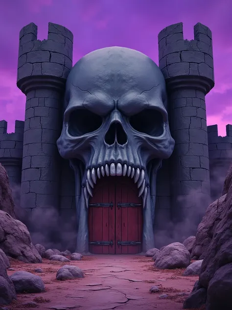 Illustration of a dark, eerie fortress resembling a giant skull, set against a foreboding purple sky with a surreal, 80s animation style | the fortress has massive stone fangs framing a wooden gate, reinforced with metallic locks, exuding a sense of ancien...