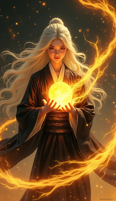 A Japanese woman with a cold smile and sharp eyes, with long silver-white hair, wearing a very beautiful and elegant black hanfu with a golden hue, floated amidst the swirling swirl of golden energy. This individual holds with two hands a golden red light ...