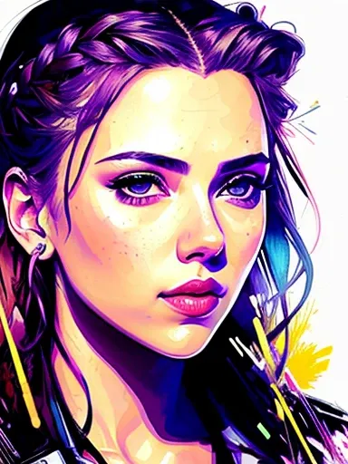  Scarlett Johansson sticker of a braided blonde costume full body image of a beautiful woman sitting and holding a glock, Knee-high socks, rosto bonito  highly detailed , Sugar Skull, art banksy , rose, , freedom, apple, Illustration digital, Comic style, ...