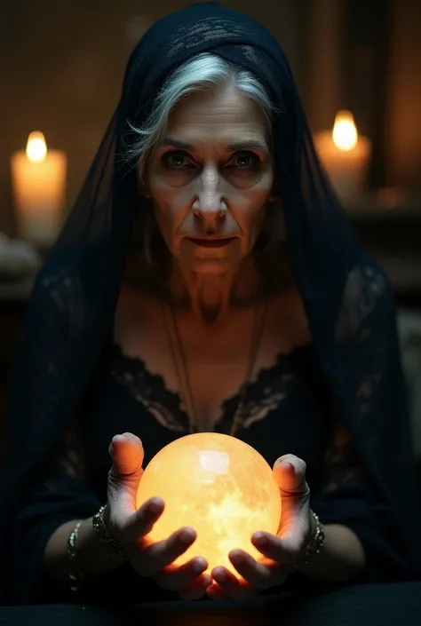 A stunning portrait of an elderly woman with white hair, dressed in a black lace blouse, holding a glowing crystal ball in her hands.she wearing Dupatta on a head,The image has a dark, mysterious atmosphere with candles burning in the background and the wo...