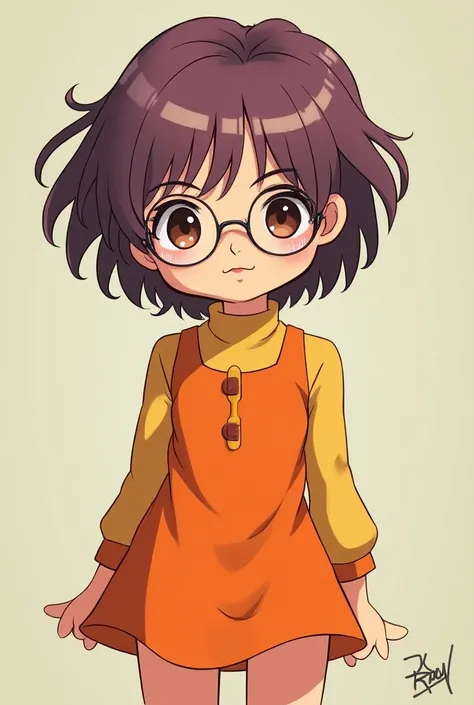 Lucca from chrono trigger. Short Orange dress. Short purple hair, glasses.