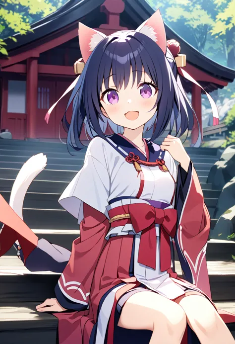 Best Quality、One girl、 very cute girl、 small breasts、 cat ears and tail that open legs、 has glossy dark blue hair、 shortcut 、 purple eyes、 White and Red Shrine Maiden Outfit、shrine、Riverbank、Sit on the stairs、 seems to be having fun