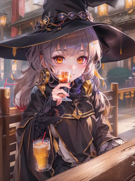  anime girl wearing a witch hat sitting on a bench , Im wearing a black witch robe 、Gold and red decorations on hat and robe 、With a drink,  Splash Art Anime Lori ,   anime girl sitting at a city table drinking energy drink ,  Anime Visual of a Cute Girl ,...