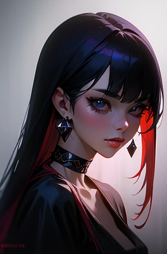 photorealistic portrait of stunning oriental goth woman, long multicoloured hair, platinum with blue and red, bangs, lips parted, seductive, sultry, lustful, choker, long earrings, sexy blouse, silhouetted, light hitting one side of face, the other side in...