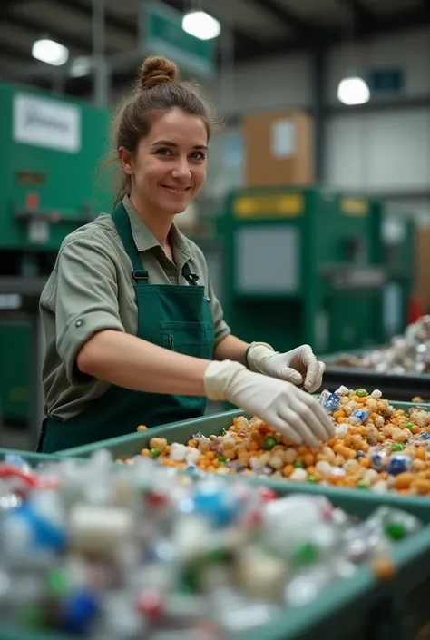 professional photo of Recycler in action :  photo with a recycler or recycler working at a recycling station,  separating materials such as plastic , paper and metal .  The image may show the person with a smile ,  highlighting the importance of work for s...