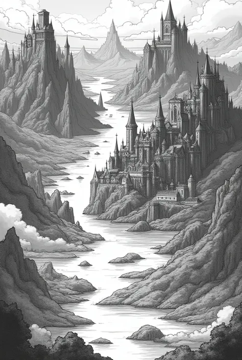 Make a Black and white map of a fictional medieval world for mystical kingdoms It has lakes, rivers, and a black forest that is next to a village. There are seven kingdoms on this map. A kingdom is within the ocean.