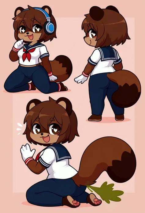 girl, tanuki, furry, bodyfur, tail, school uniform, sailor suit, jersey pants, long pants, white gloves, barefoot, chibi, sparkling eyes, happy, full body, headphones, kneeling, looking back, from behind, fart, room