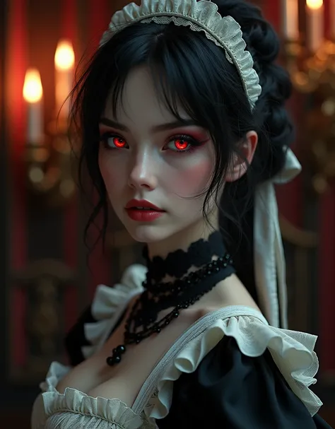 Create a beautiful maid vampire, red eyes, body in a maid outfit while having