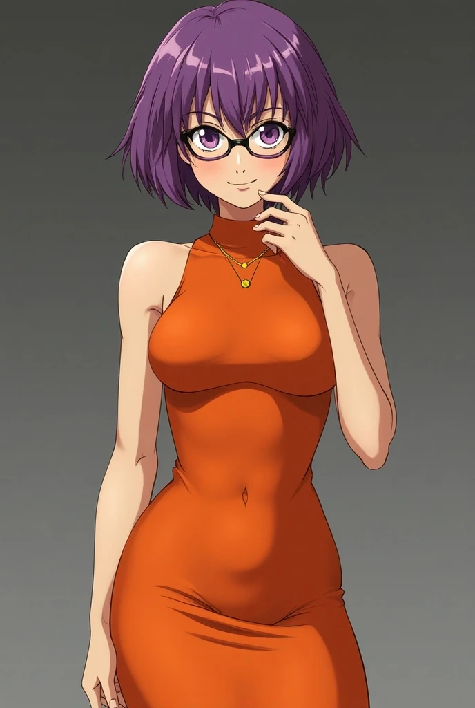 18 year old Lucca from chrono trigger. Short, tight Orange dress. Short purple hair, glasses. Large breasts. Looking thoughtful. 