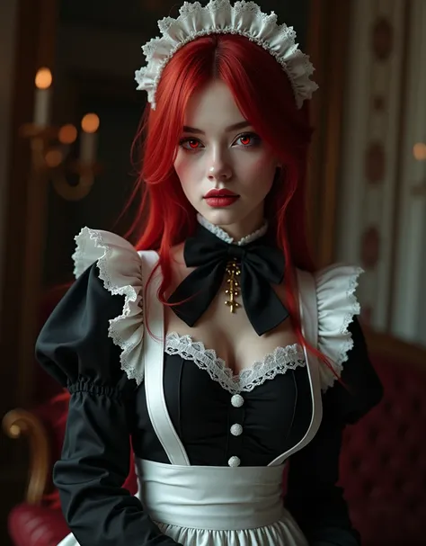 Create a beautiful maid vampire, red eyes, red hair, body in a maid outfit while having