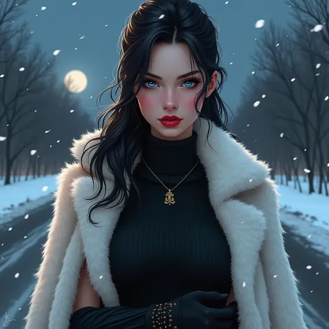  realistic illustrated image         ,mujer joven beautiful, super long jet black hair ironed with some waves ,         intense sapphire blue eyes         , upturned nose, white tea,  beautiful and perfect face, porcelain skin,          full red lips with ...