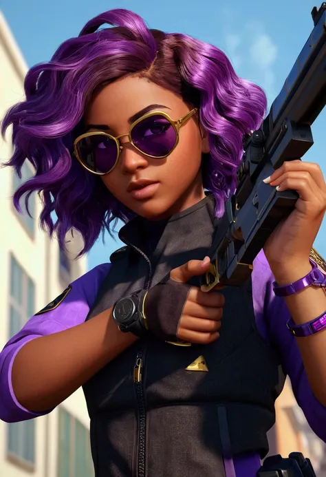 A cute girl with brown skin, sexy body, wavy purple hair [with shades of black], golden eyes (shiny), ultra realistic eyes, with a pistol, jumping, with sniper outfit, Valorant Riot game, round face, realistic lighting, Radiosity, Close UP.