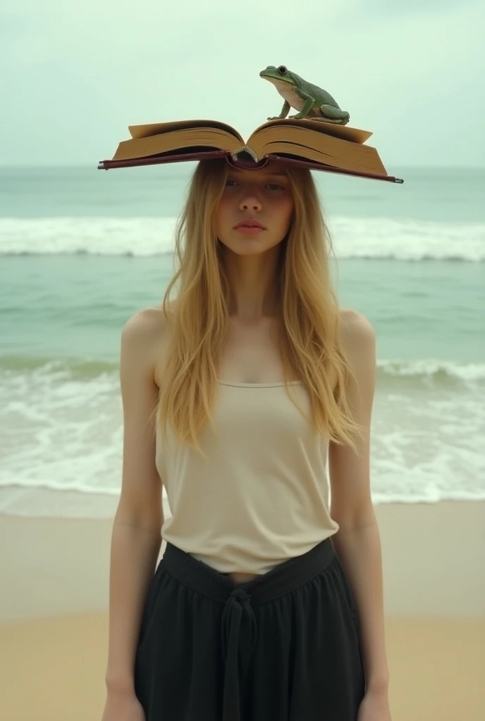 Female character book on the head open face down long blonde hair frog on the head beach mm2 black pants light skin