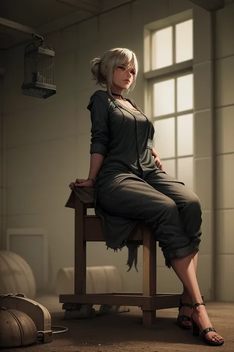 a woman in prison clothes sitting on a prison bed, night prison cell, barred window, realistic, photorealistic, 8k, highest quality, extremely detailed, masterpiece, cinematic lighting, dramatic shadows, moody atmosphere, gritty, dark, muted colors, somber...