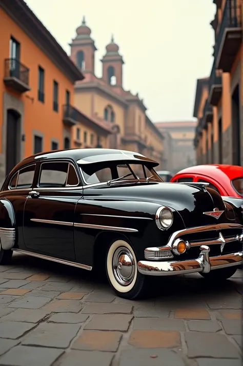  A 1951 Chevrolet Styleline de Luxe car in black color next to a red Volkswagen Beetle from 1986, In the Plaza de Armas in Cuzco 