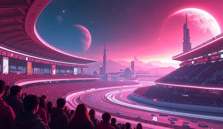 A FUTURISTIC RACING TRACK WITH GRANDSTANDS PREDOMINANT COLOR HOT PINK PEOPLE WITH SEVERAL POSTERS AND BANNERS WRITTEN BY LEDS ON THE TRACK SEVERAL LIGHTS WITH A BACKGROUND WITH SEVERAL PLANETS