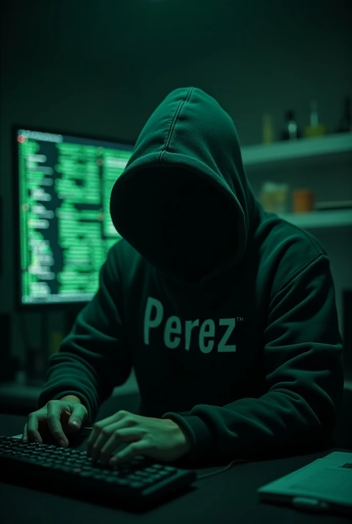 create a real image of an anonymous sitting programming in suspense elbow with a computer and green letters with a hooded sweater with the name Perez on his sweater 