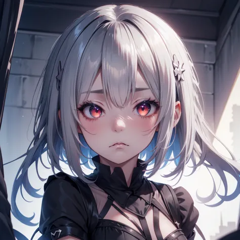 anime girl, silver hair, short hair, red eyes, bat ears, makeup, annoyed, shy, blush, embarrassed, high detail, anime, gothic ar...