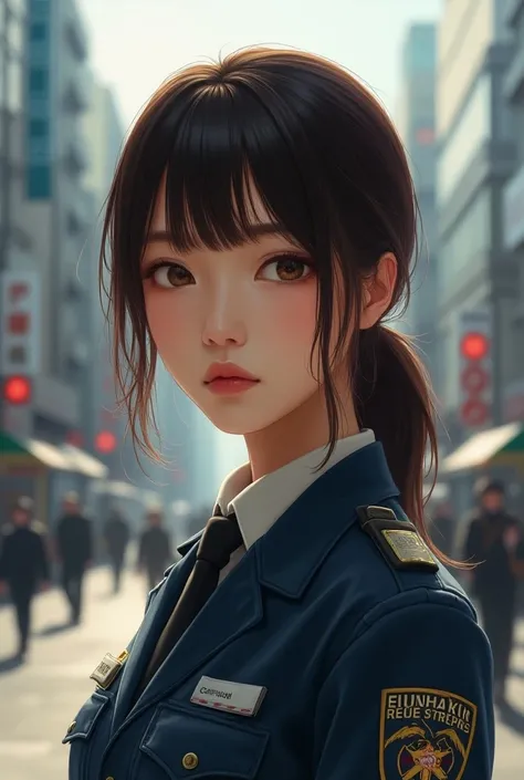 realistic, japanese woman in her 20s, paramedic, brown hair with fringe, city background
