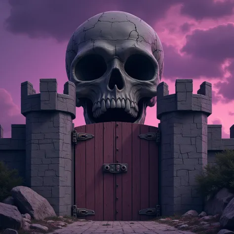 A dark, eerie fortress resembling a colossal skull stands tall against a brooding, purple sky, **capturing a surreal and foreboding atmosphere in the style of vintage 80s animation**. The fortress’s massive stone fangs frame a weathered wooden gate, reinfo...