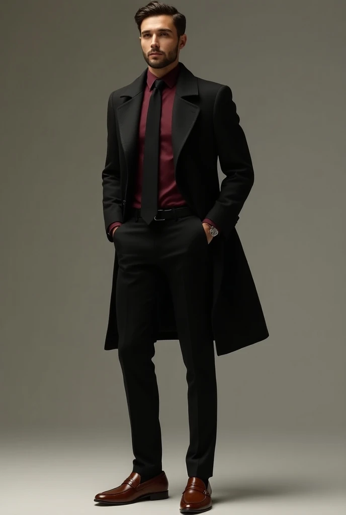 
Coat :- black 
Pant:- black 
Shirt:- merron colour 
Shoe:- brown pany loffar
Tie:- black
