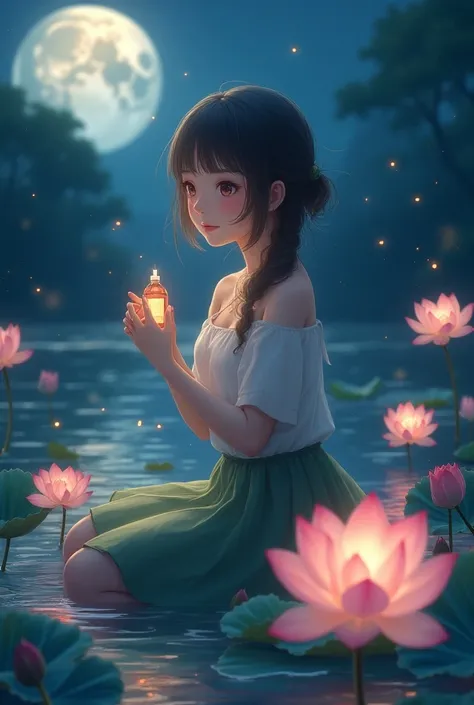 ( lyrics, 8K, original character), (Done: 1.5), (masterpiece,  Best quality,  High resolution: 1.2), girl, summer night, ( medium soft texture : 1.5), sexy skirt, delicate eyes, Delicate image, bottle, river, Face to Camera ,  A large lotus blooms behind, ...