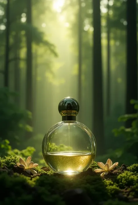  Create a sophisticated bottle of expensive perfume with a coniferous forest in the background.  The bottle should contain flower buds ,  symbolizing freshness and naturalness . brand name: Aurum N . The name of the bottle :  Luna Crescente . Slogan: Embra...