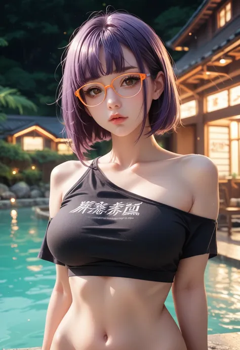 Beautiful girl, very large breasts, pale white skin, short purple hair, beautiful brown eyes, black eyeliner, teen face. Laser light hotspring background. Black crop top and Neon orange miniskirt. Glasses.