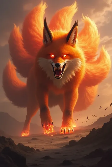 A full orange dangerous angry fox its have nine tails and red eyes , sherf nails and teeths, that fox so big to earth

