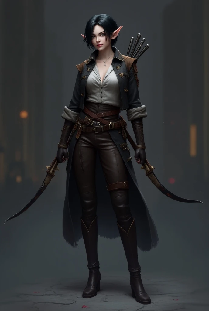 A full body of a RPG character in 3d style: (Full body:1.5), (woman:1.5), persuasive, carismatic, half elf, white skin, short hair, black haor, brown eyes, leather clothes, leather legs, boots, bow, (long bow:1.5), daggers, short blade, night city backgrou...