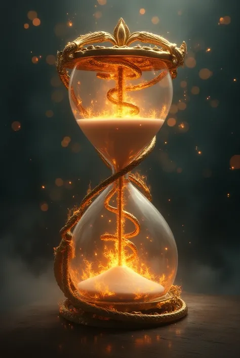 Hourglass superimposed by a caduceus with fire