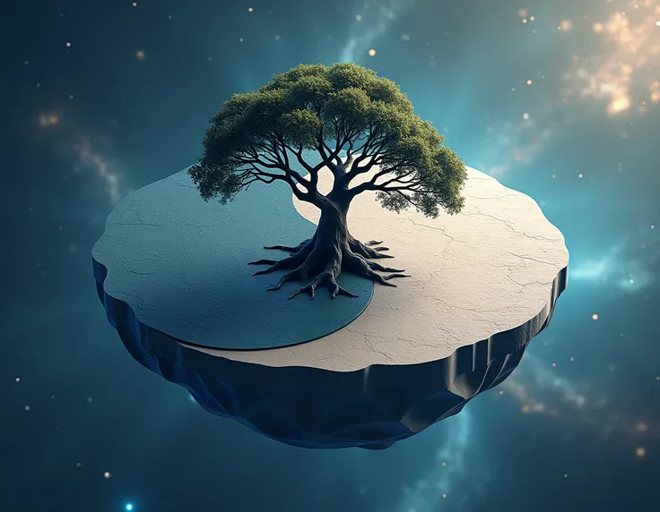 An isometric view of a Yin Yang-shaped terrain floating in the universe in the background of the galaxy and in the center a giant tree 