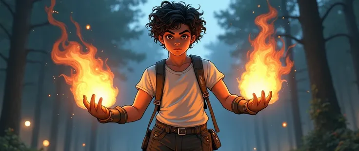 A teenager with curly black hair and black skin and brown eyes in a stret outfit, a white shirt and heavy pants with gloves on his left hand and with fireballs in both his hands and a bluish background with a dark and dark forest in the background.