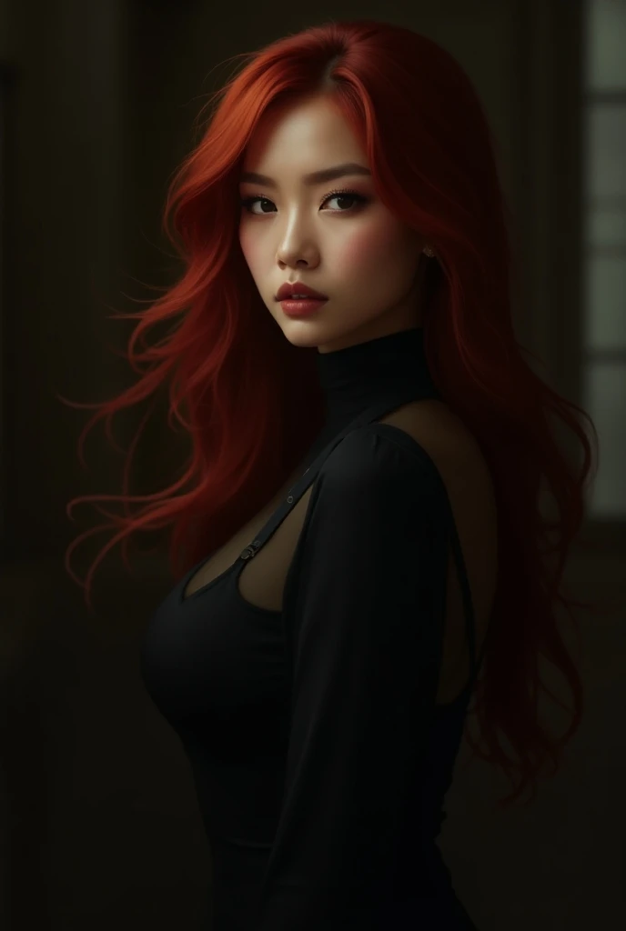 Asian girl with long red hair wearing black and dark clothes