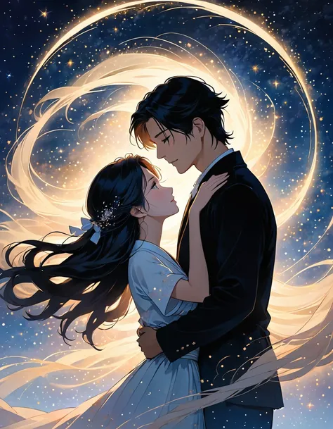 A silhouette of a Japanese couple facing each other under a vast, starry sky. The man, with medium-length hair, stands closely facing the woman, who has long, flowing hair gently framing her silhouette. Both are captured from the neck up, their faces turne...