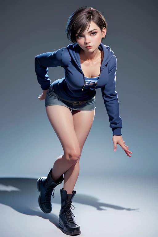 young woman,  short hair ,  brown eyes, blue tube top , Black miniskirt,  knee-length brown boots , gray hoodie sweatshirt, face to the camera,  Dynamic Pose , magnificent anatomy ,  masterpiece , super detail,  lyrics,  natural lighting ,  sharp focus,  u...