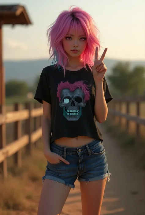 mid teen woman, (black shirt with picture), short denim hot pants, sneakers, pink eyes, pink and cyan messy mid long hair, ranch back ground doing peace sign, photorealistic, realistic, highly detailed, 8k, masterpiece