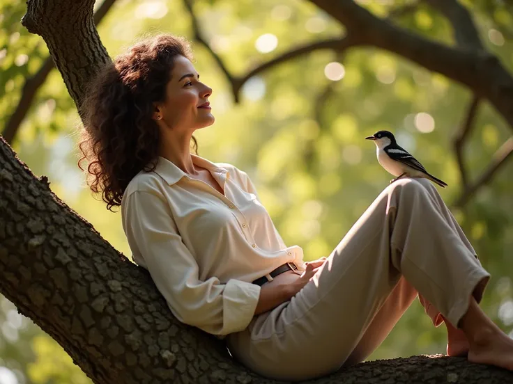 Photorealistic image of a beautiful 42-year-old white woman with dark brown, slightly curly hair, reclining comfortably on the branches of a large tree. She is half-sitting, half-leaning back, appearing relaxed and at ease as she gazes peacefully into the ...